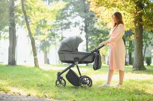 Happy young mother with baby in buggy walking in autumn park photo