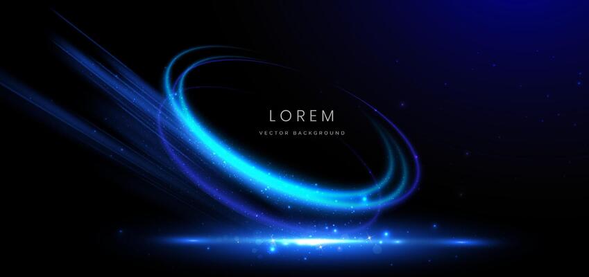 Abstract technology futuristic swirl glowing neon blue light ray on black background with lighting effect.