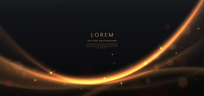 Abstract gold curved lines on black background with lighting effect bokeh and copy space for text. Luxury design style.