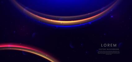 Abstract futuristic neon curved glowing blue, gold and red light lines with sparkle effect on dark blue background. vector