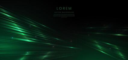 Abstract technology futuristic glowing green light lines with speed motion blur effect on dark green background. vector