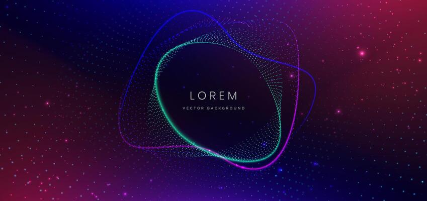 Abstract technology futuristic glowing dot neon blue, pink and green light ray on dark blue background with lighting effect.