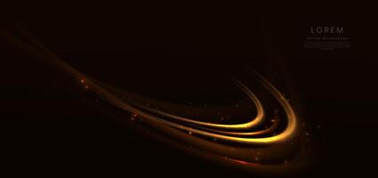 Abstract glowing gold curved element on dark background with lighting effect glitter and sparkle with copy space for text. Luxury design style. vector
