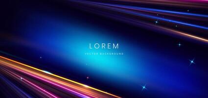 Abstract technology futuristic glowing blue and pink light lines with speed motion blur effect on dark blue background. vector
