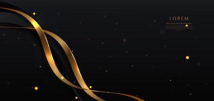 Abstract gold ribbon on black background with lighting effect bokeh and copy space for text. Luxury design style. vector