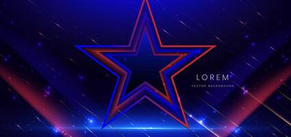 Abstract star glowing blue and red light lines with speed motion blur effect on dark blue background. vector