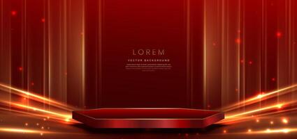 Red and gold podium on red background with gold lighting effect. vector