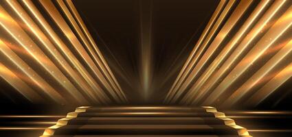 Elegant golden stage diagonal glowing with lighting effect sparkle on black background. Template premium award design. vector