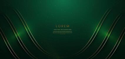 Abstract 3d gold curved on dark green background with lighting effect and sparkle with copy space for text. Luxury design style. vector
