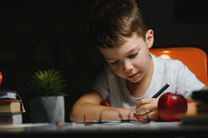 Boy learn lessons in the home setting at the table in the light of a table lamp. photo