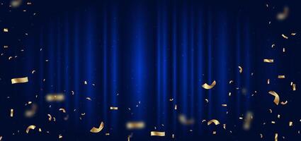 Blue curtain background. Golden confetti banner and ribbon on white background. Celebration grand openning party happy concept. vector
