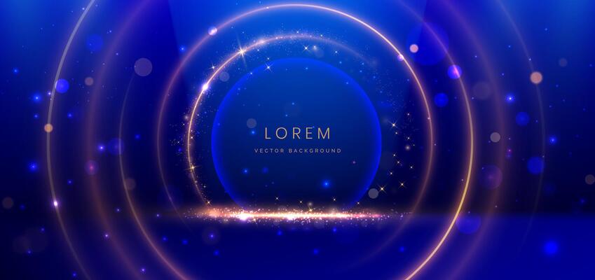 Luxury dark blue background with circle glowing blue and golden line lighting effect sparkle. Template premium award ceremony design.