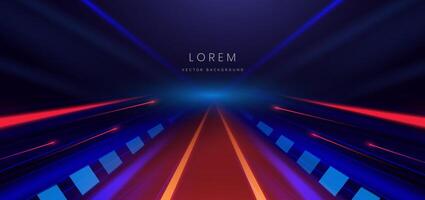 Abstract technology futuristic glowing neon blue and red light lines with speed motion movingon dark blue background. vector