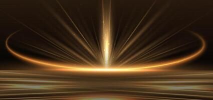 Abstract glowing gold diagonal lighting lines on dark background with lighting effect and sparkle with copy space for text. vector