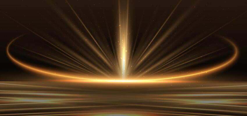 Abstract glowing gold diagonal lighting lines on dark background with lighting effect and sparkle with copy space for text.
