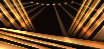 Elegant golden stage horizontal glowing with lighting effect sparkle background. Template premium award design. vector