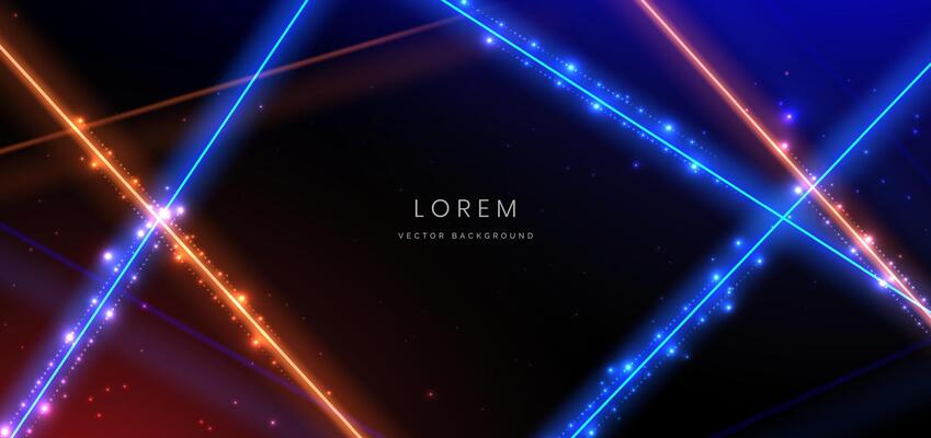 Abstract technology futuristic glowing neon blue and orange light ray on black background with lighting effect.