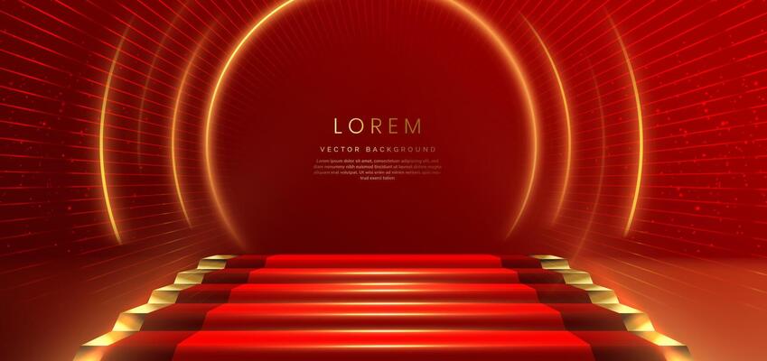 Elegant red stage with gold diagonal glowing lighting effect and sparkle. Template premium award design.