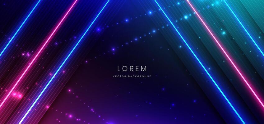 Abstract technology futuristic glowing blue and pink light lines with speed motion blur effect on dark blue background.