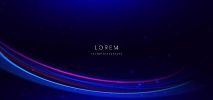 Abstract technology futuristic neon curved glowing blue and pink light lines with speed motion blur effect on dark blue background. vector