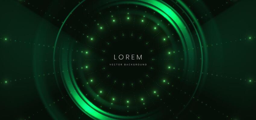 Abstract technology futuristic glowing dot neon green light ray on dark green background with lighting effect.