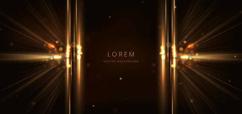 Abstract glowing gold vertical lighting lines on dark background with lighting effect and sparkle with copy space for text.