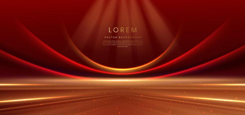Elegant red stage with red curved shape lighting effect and sparkle. Template premium award design.