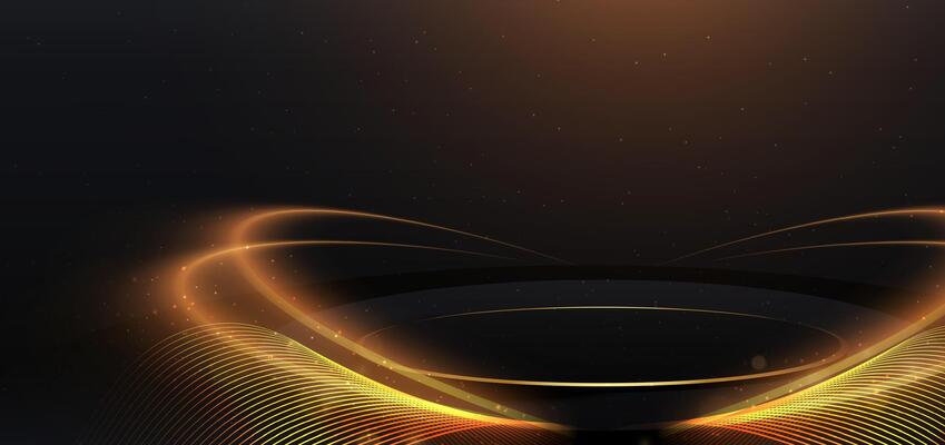 Black and lines gold scence with circle podium and lighting effect sparkle on black background. Template premium award design.