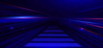 Abstract technology futuristic glowing neon blue and red light ray with speed motion movingon dark blue background. vector
