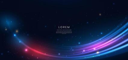 Abstract technology futuristic glowing blue and red light curved lines with high-speed effect on dark blue background. vector