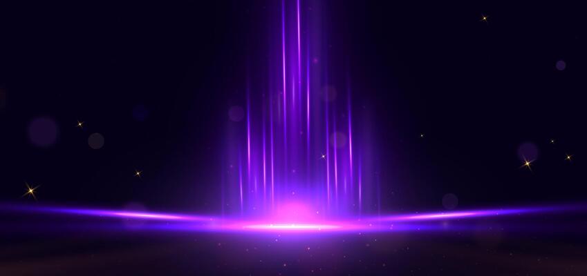 Abstract purple light rays on black background with lighting effect and bokeh.