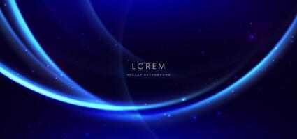 Abstract technology futuristic neon curved glowing blue light lines with speed motion blur effect on dark blue background. vector
