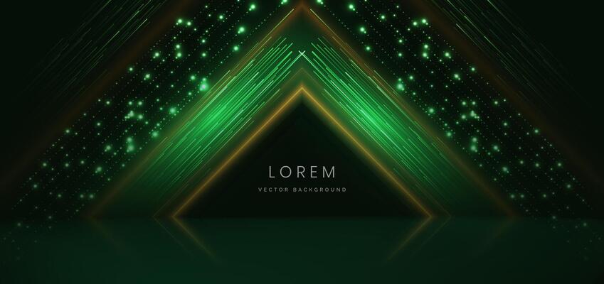 Abstract technology futuristic glowing dot neon green light ray on dark green background with lighting effect.