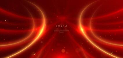 Elegant red background with glowing gold curved lines and lighting effect and sparkle with copy space for text. Luxury design style. vector
