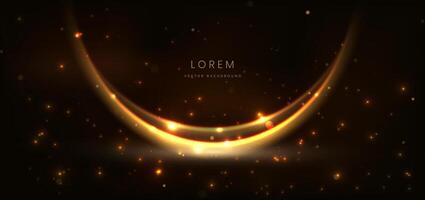Abstract glowing gold curved element on dark background with lighting effect glitter and sparkle with copy space for text. Luxury design style. vector