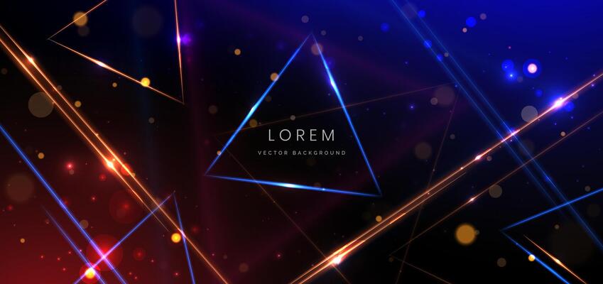 Abstract technology futuristic neon triangle glowing blue and orange light lines with speed motion blur effect on dark blue background.