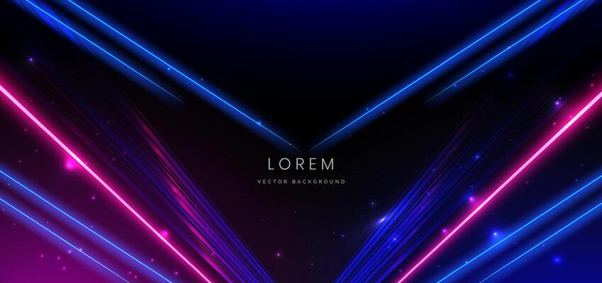 Abstract technology futuristic neon neon glowing blue and pink light lines with speed motion blur effect on dark blue background.
