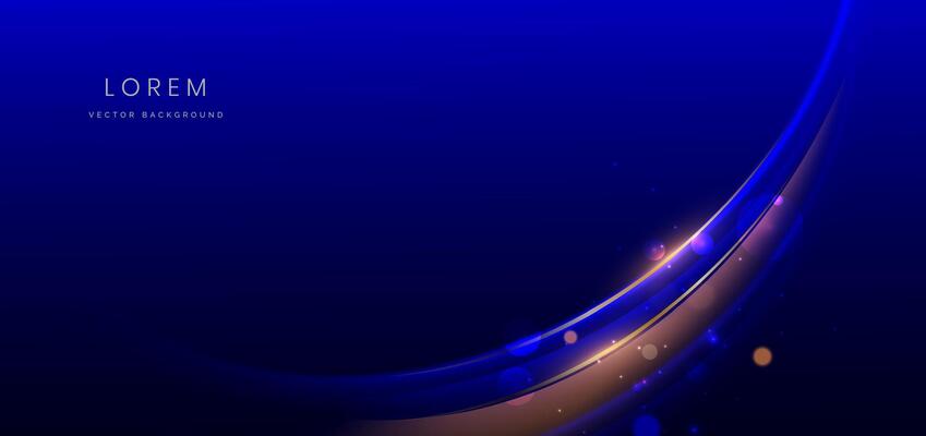 Luxury dark blue background with curved glowing blue and golden line lighting effect sparkle. Template premium award ceremony design.