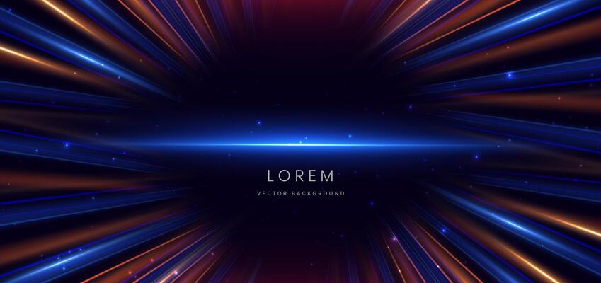 Abstract technology futuristic neon diagonal glowing blue and orange light ray with speed motion blur effect on dark blue background.