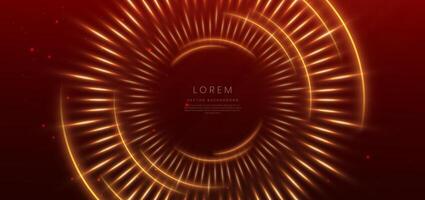 Abstract glowing gold curved lines on red background with lighting effect and sparkle with copy space for text. Luxury design style. vector