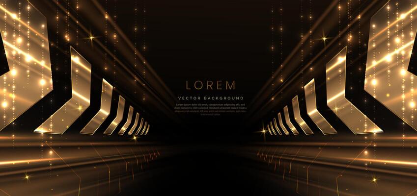 Elegant golden arrow diagonal glowing with lighting effect sparkle on black background. Template premium award design.