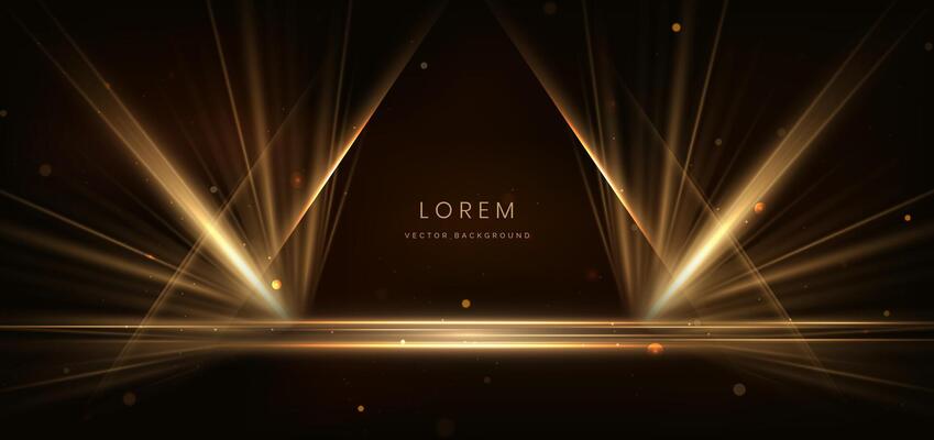 Abstract glowing gold vertical lighting lines on dark background with lighting effect and sparkle with copy space for text.