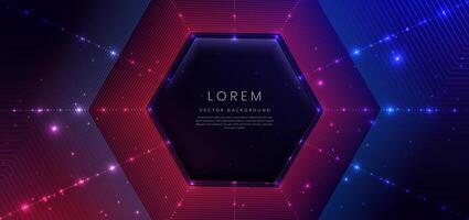 Abstract technology futuristic glowing neon blue and red hexagon light lines with speed motion moving on dark blue background. vector
