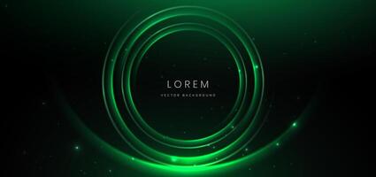 Abstract technology futuristic neon circle glowing green light lines with speed motion blur effect on dark green background. vector