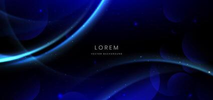 Abstract technology futuristic curved glowing blue light lines with circles effect on black background. vector