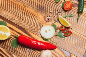 Cooking table. Background with spices and vegetables. Top view. Free space for your text photo