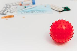 Composition of protective agents against Coronavirus on white background, top view. Healthcare and medical concept photo