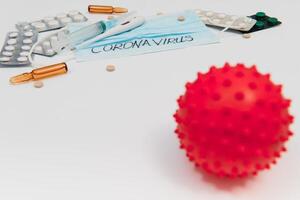 Composition of protective agents against Coronavirus on white background, top view. Healthcare and medical concept photo
