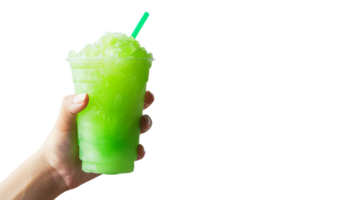 Hand grasping verdant slushy cup on the transparent background, Format png