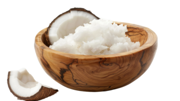 Carved wooden bowl filled with coconut oil on the transparent background, Format png